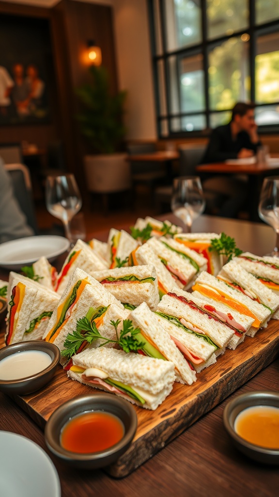 Delightful Sandwich Platter Ideas for Your Next Party A beautifully arranged sandwich platter with assorted sandwiches, garnished with herbs, on a wooden board.